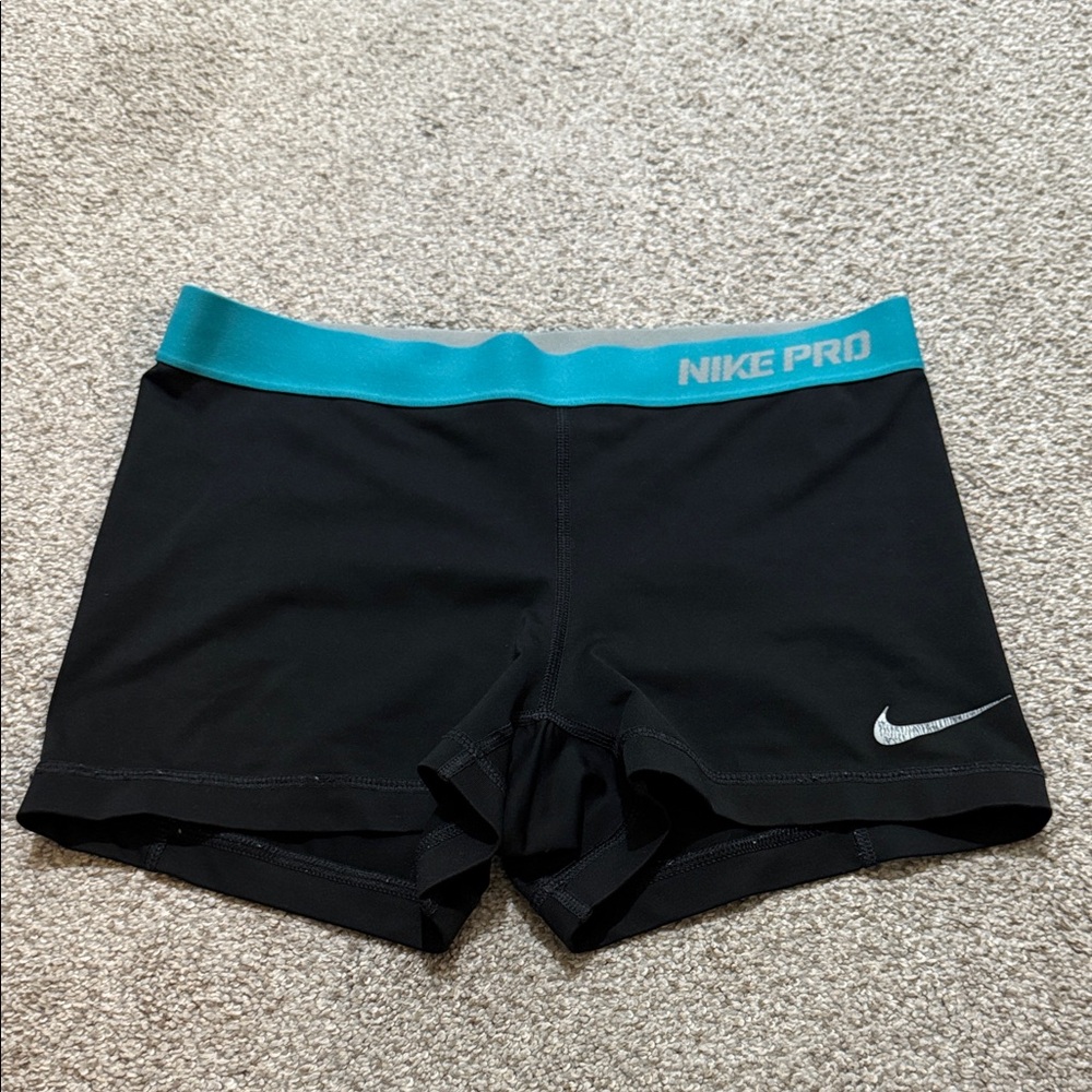 Nike Pro Black Shorts with Teal Waistband